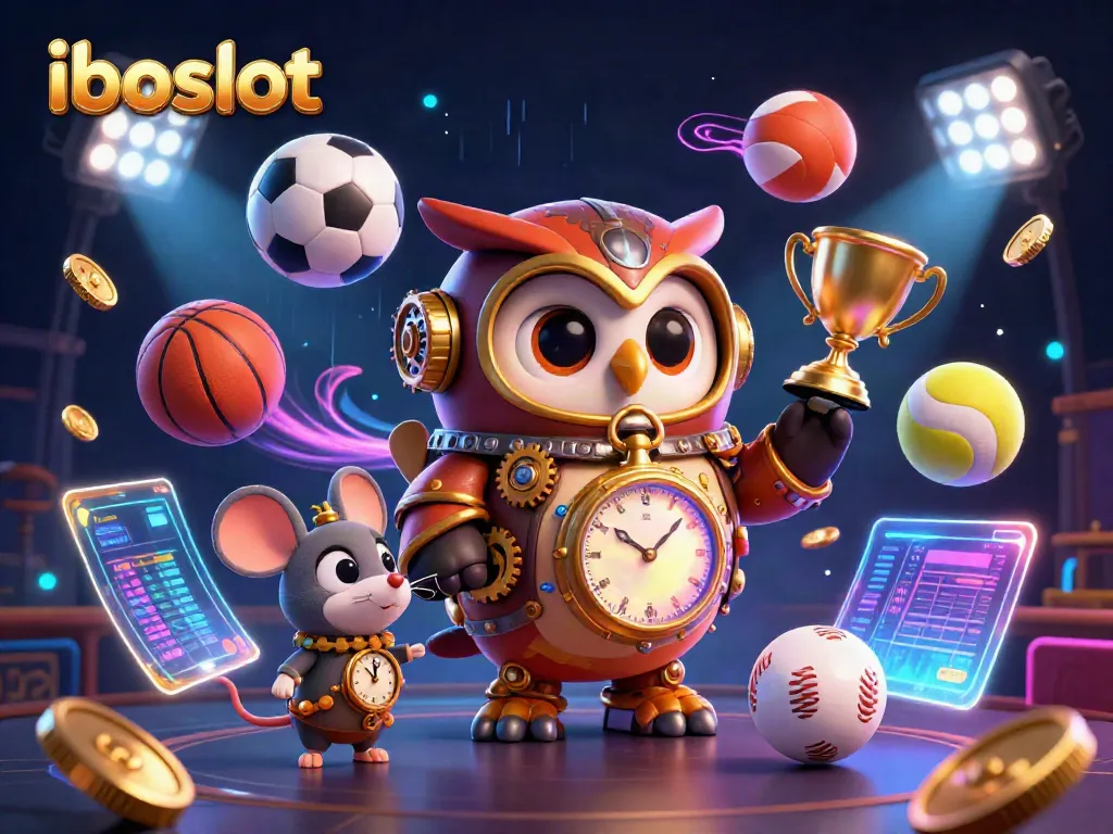 Experience iboslot's dynamic gaming scene with 3D steampunk characters and vibrant casino elements.