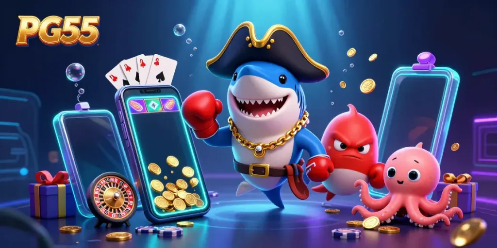 Engage with PG55 casino excitement featuring a pirate shark, pufferfish, and octopus surrounded by gaming elements.
