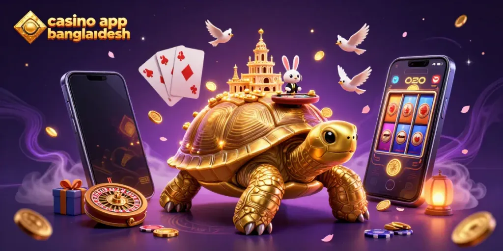 Engage with the dynamic casino app bangladesh scene featuring a golden tortoise and vibrant gaming elements.