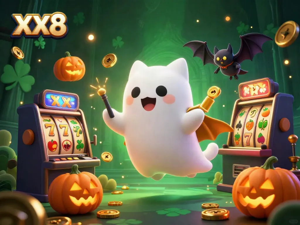 Engage in thrilling gameplay with XX8, where a ghost cat and bat explore a haunted casino filled with slot machines and glowing jack-o-lanterns.