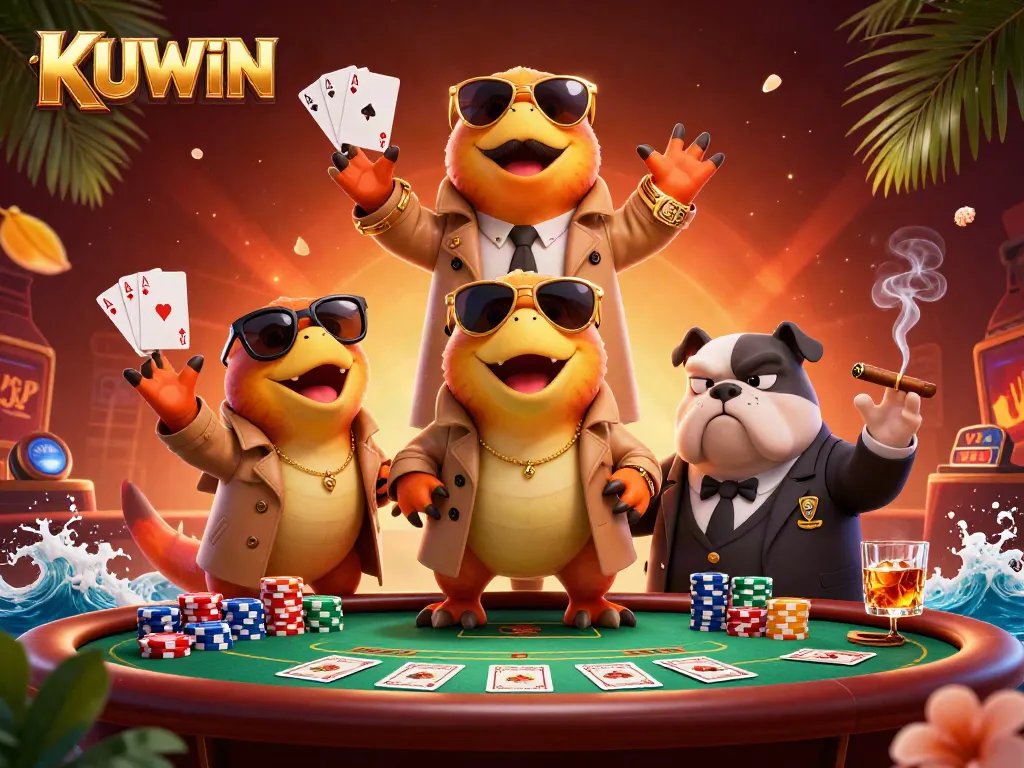 KUWIN raptors sneak into a VIP casino with poker elements and vibrant details