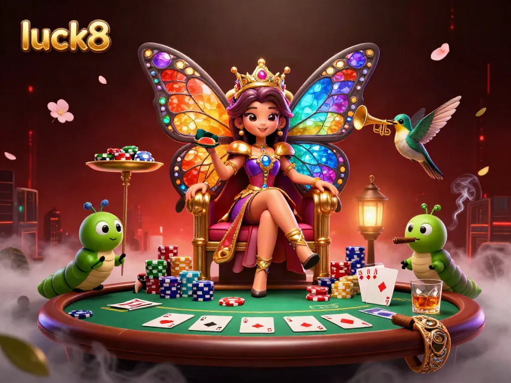 Enjoy thrilling luck8 gaming with a vibrant 3D scene showcasing a butterfly queen at a poker table.