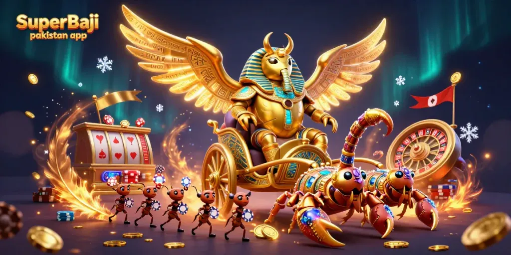 Experience dynamic mobile gaming with the SuperBaji pakistan app, featuring a vibrant casino-themed illustration.