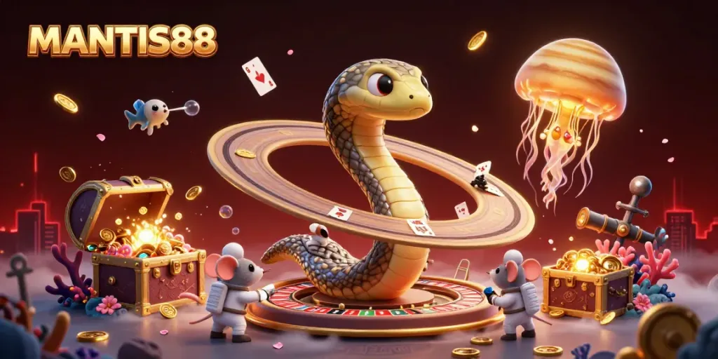 Engage with MANTIS88 as players bet on a cosmic roulette and enjoy vibrant gambling elements in a thrilling 3D scene.