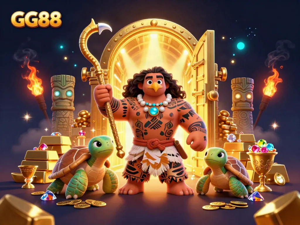 Experience the vibrant world of GG88 as mythical characters engage in high-stakes gameplay surrounded by golden treasures.