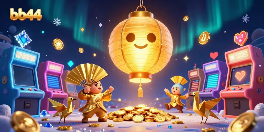 Engage with exciting games at bb44 featuring a glowing golden lantern and captivating casino elements.