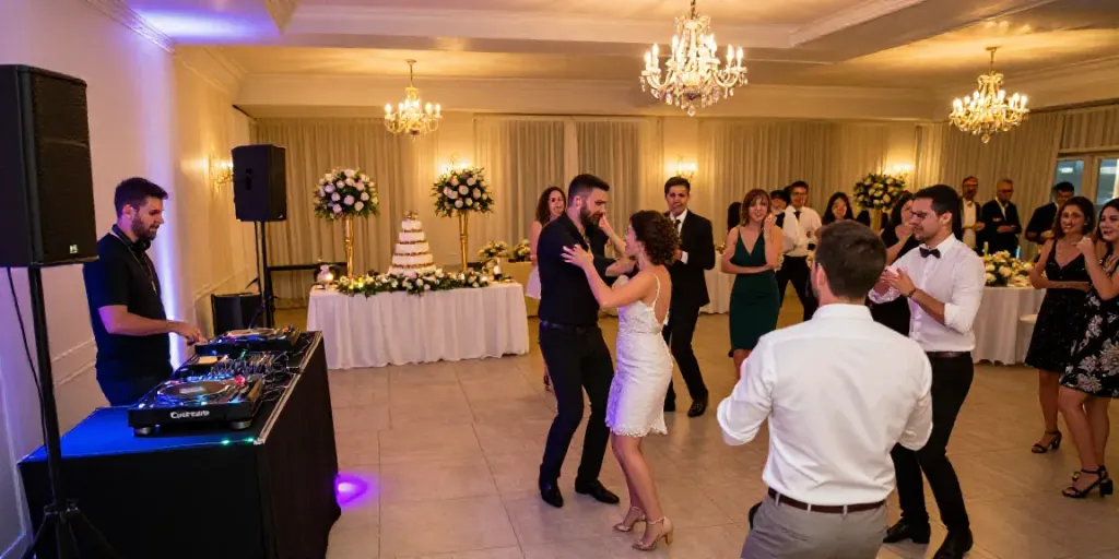 Vibrant wedding party with a DJ in Berlin Brandenburg, guests dancing joyfully