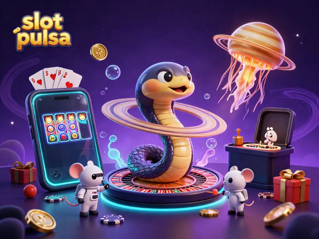 Menangkan slot pulsa dengan ilustrasi kasino gila yang menampilkan ular Saturnus dan dealer ubur-ubur.