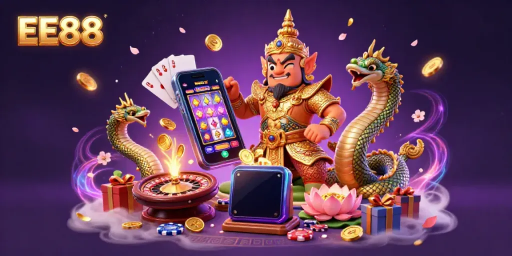 Experience the excitement of EE88 with vibrant casino elements and a captivating guardian in this lively illustration.