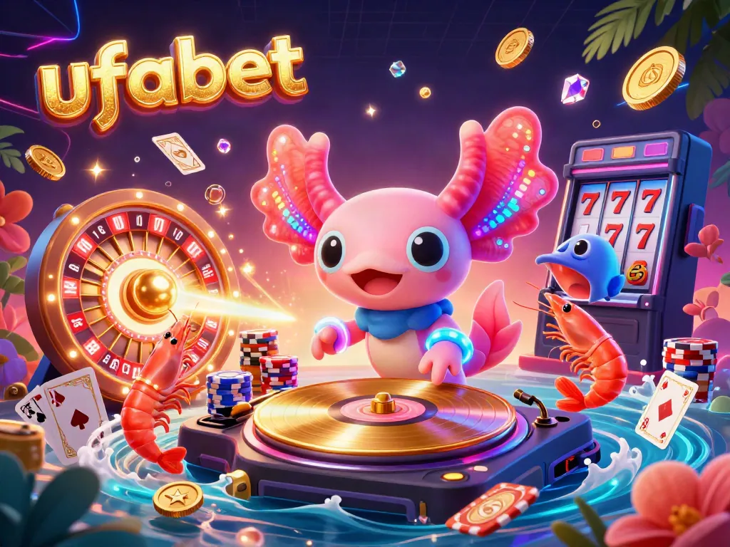 ภาพการ์ตูน 3D ของ ufabet ที่มีดีเจอ็อกโซลอตล์สีนีออนและกุ้งเต้นรำห้อมล้อมด้วยเหรียญทอง