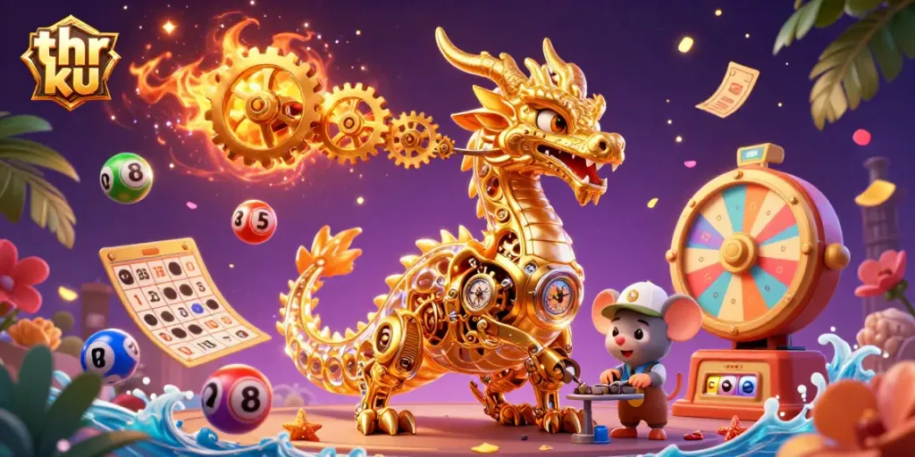 Engage in excitement with thr ku through a vibrant 3D illustration featuring a golden dragon and colorful lottery elements.