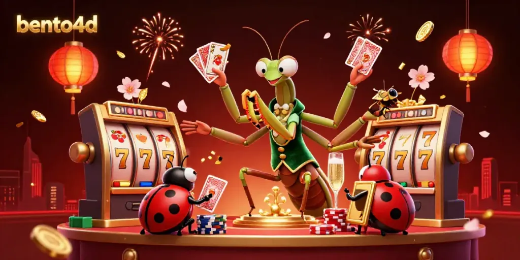 Engage with bento4d casino excitement featuring a giant mantis dealing cards amidst vibrant elements and vibrant visuals.