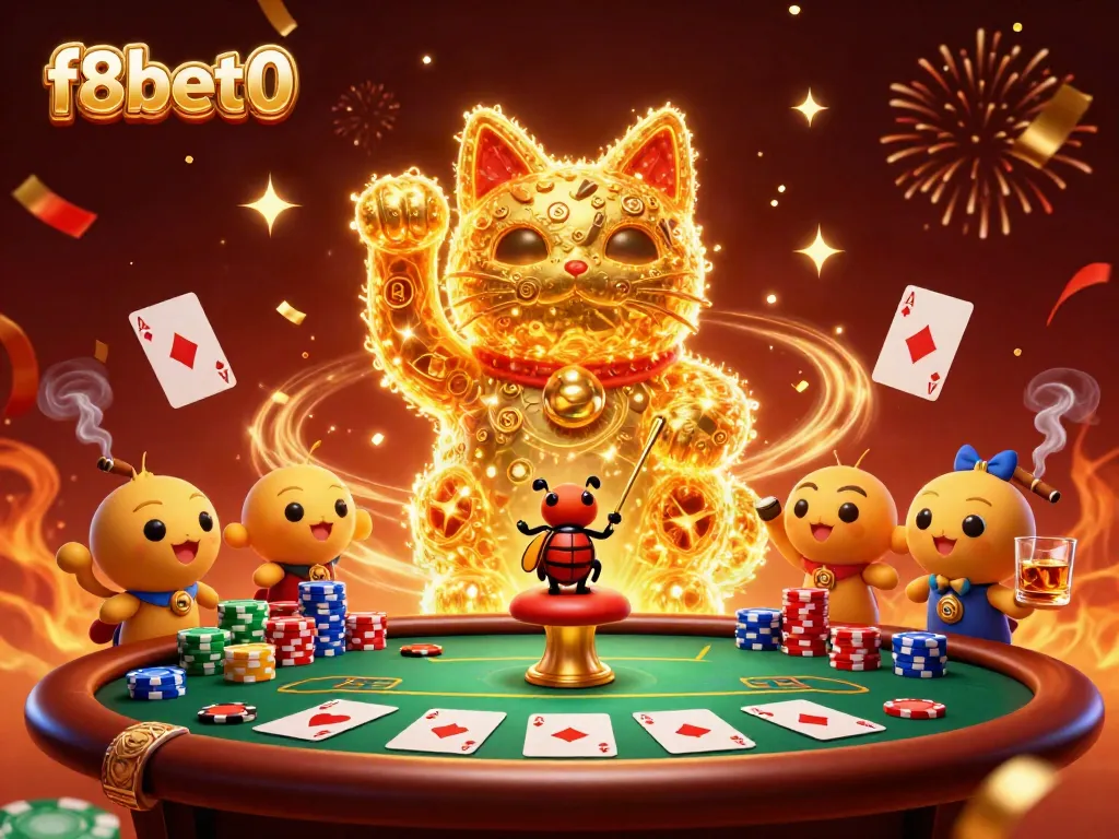 Experience f8bet0's thrilling digital casino scene with a whimsical lucky cat and vibrant poker elements.