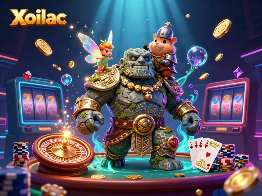 Xoilac's vibrant casino scene showcasing a golem guardian with magical elements and dynamic game features
