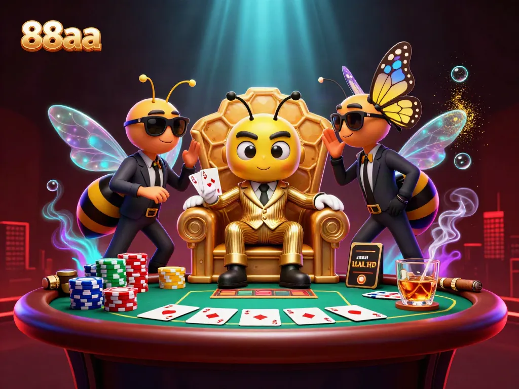 88aa bumblebee mob boss surrounded by poker elements in a vibrant casino scene.