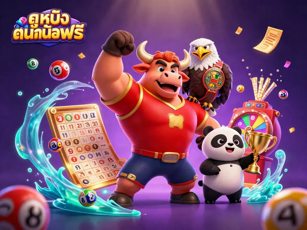 Visualize ดูหนังออนไลน์ฟรี with a dynamic scene of a bull mascot, eagle, and panda celebrating around lottery elements.