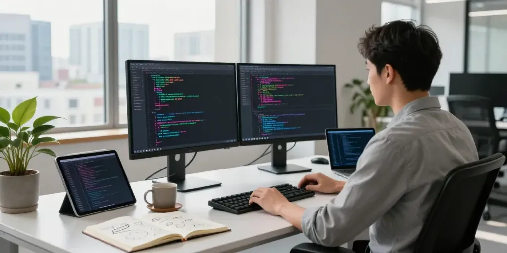 Developer coding with dual monitors in a modern tech workspace showcasing APK development.