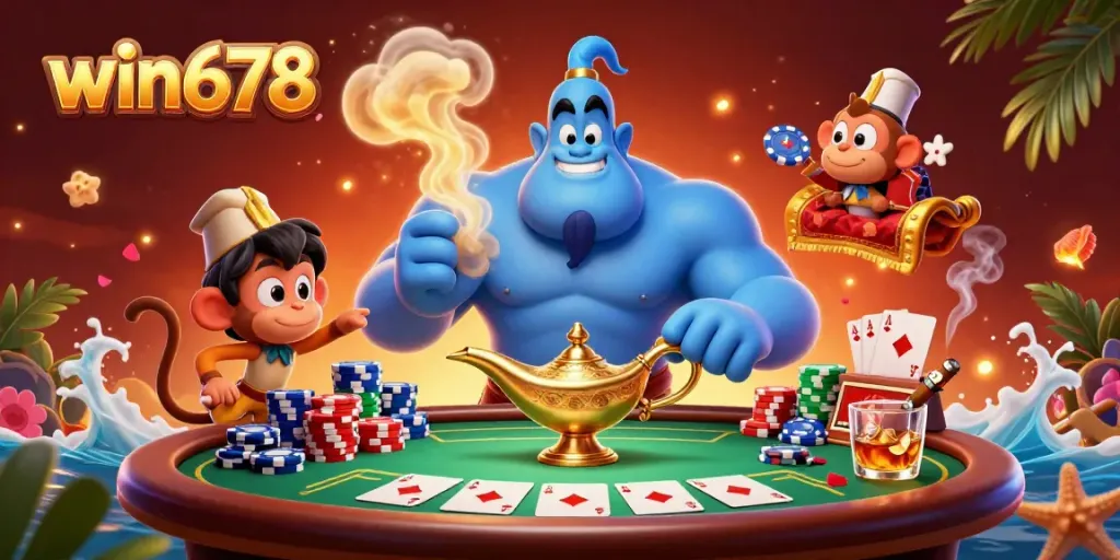 Experience thrilling poker action with win678's dynamic casino characters, including a genie and monkey amidst colorful chips.