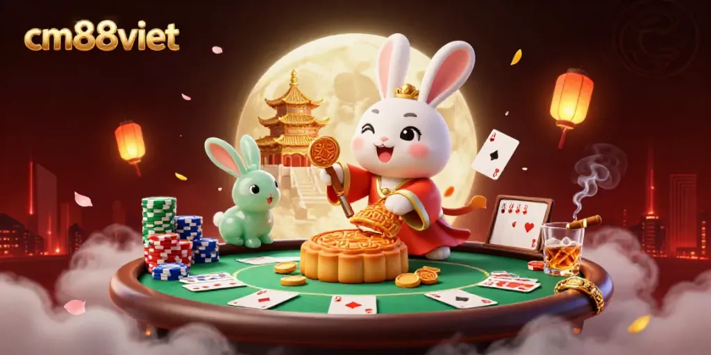 Engaging scene with cm88viet showcasing the moon rabbit and poker elements, highlighting the exciting world of online gambling.