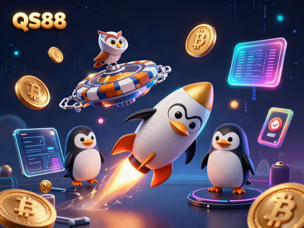 Experience thrilling adventures at QS88 Casino with the golden penguin soaring through space!