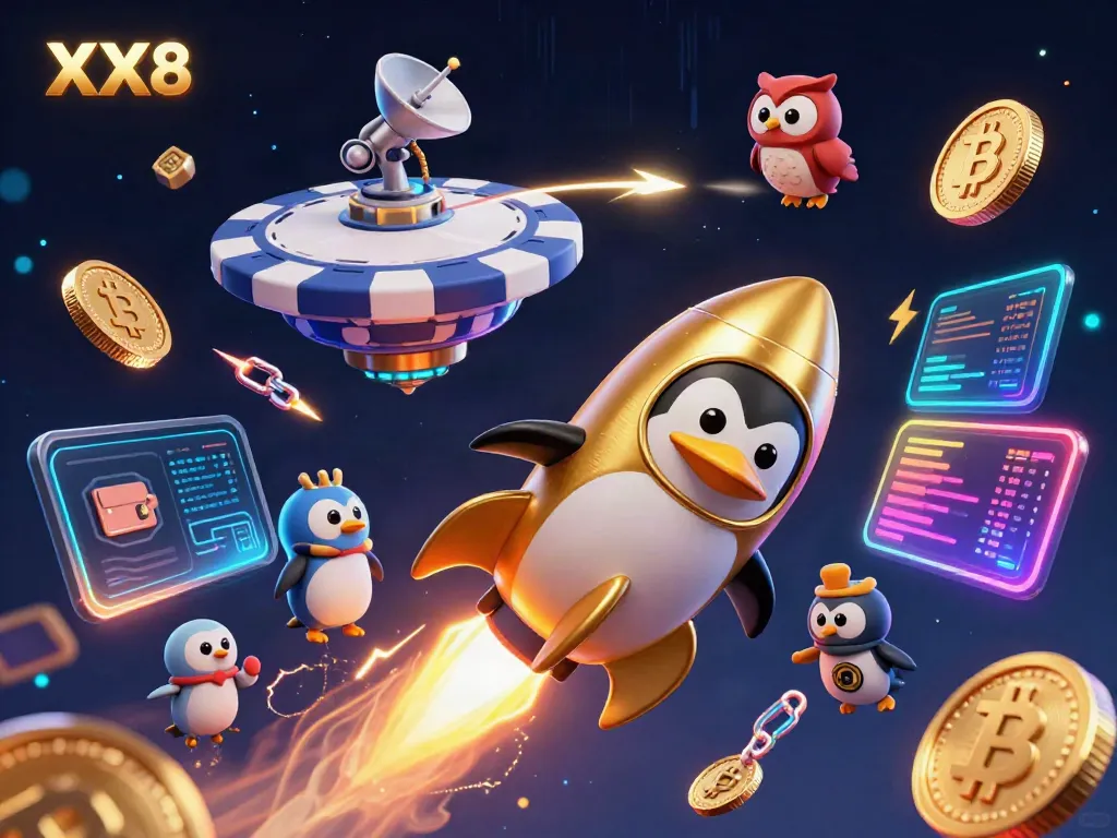 Engage in thrilling gambling with XX8, showcasing a golden penguin and casino elements in a colorful space.