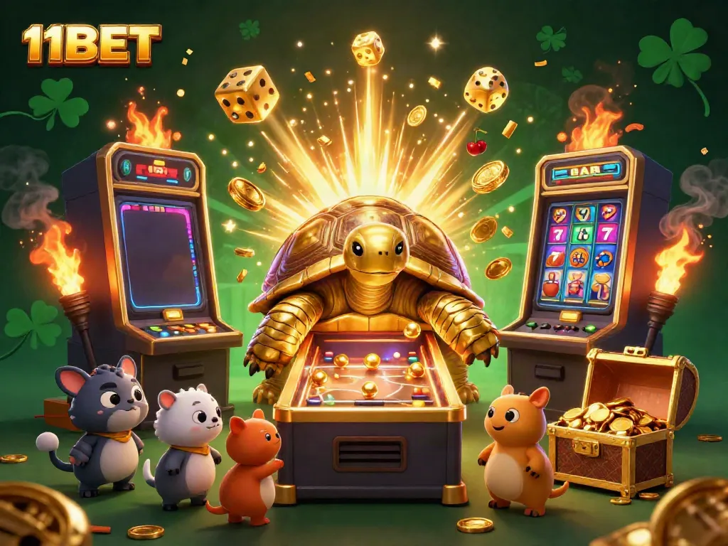 Experience excitement with the vibrant 11BET casino scene, featuring golden tortoise and dynamic slot action.