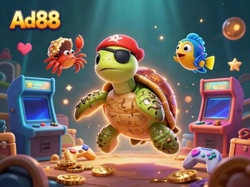 Engage with Ad88 through a vibrant 3D casino scene featuring a pirate turtle, crab, and fish amidst arcade elements.