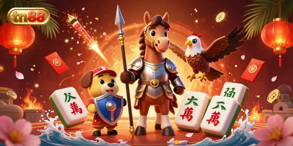 Experience tn88 gaming with a medieval knight, an oversized shield puppy, and a falcon in a vibrant casino scene.