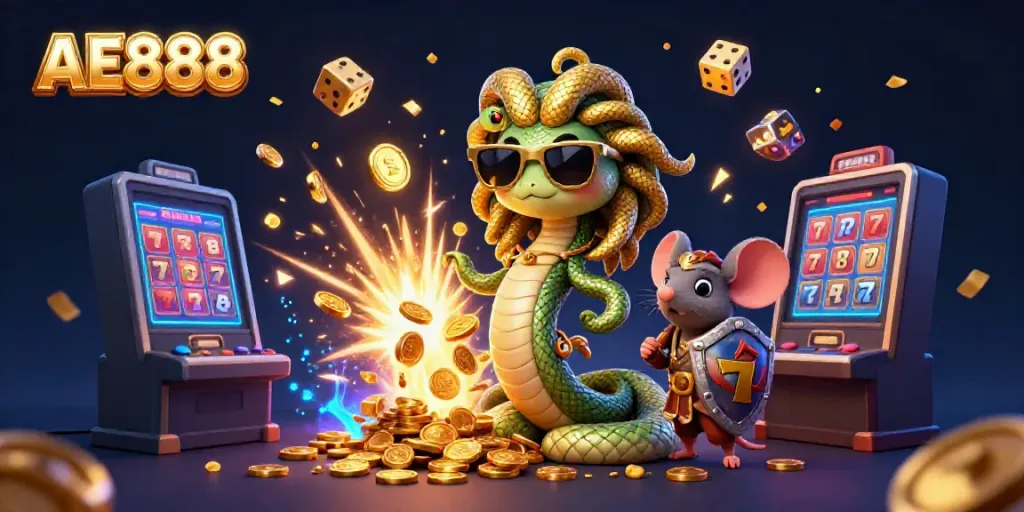 Experience thrilling online gaming with AE888, featuring Medusa and a warrior mouse in a vibrant casino scene.