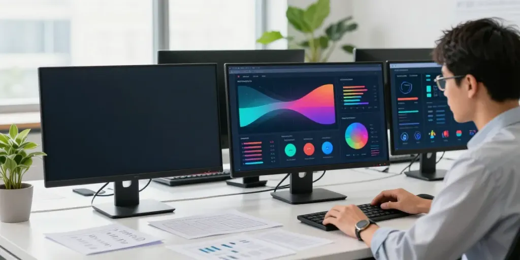 SEO specialist analyzing AI search backlinks in a modern office.