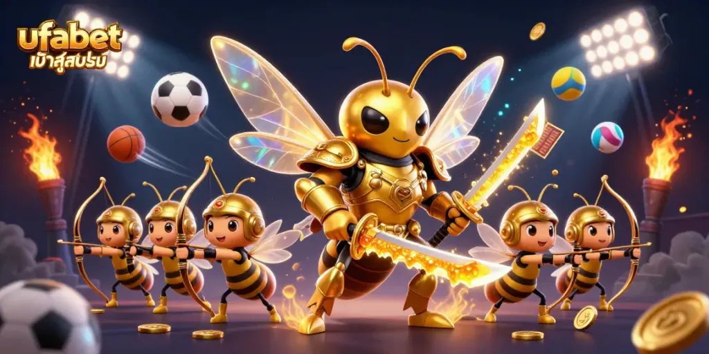 Engage with ufabet เข้าสู่ระบบ as a giant golden samurai hornet and bee archers celebrate sports betting.