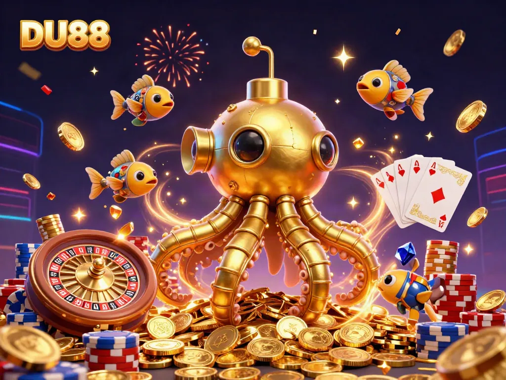 Experience the thrill of DU88 with a golden kraken submarine amidst cascading coins and colorful poker chips.
