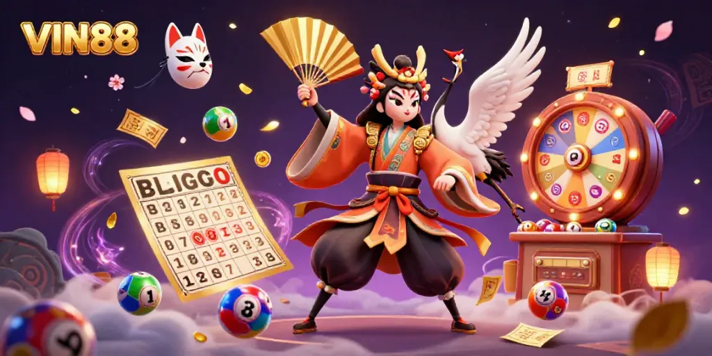 Experience the thrill of VIN88 with a lively 3D casino scene featuring vibrant games and characters.