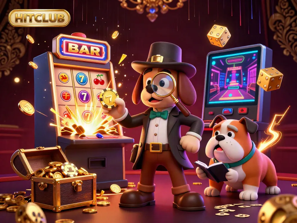 Join the HITCLUB adventure with cartoon characters investigating casino treasures amid a jackpot explosion.
