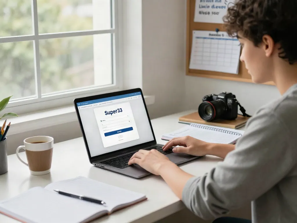 Student using Super33 login on a laptop at a modern study desk.