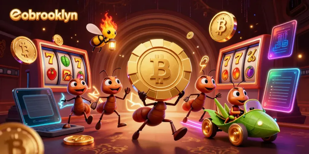 Experience eobrooklyn's vibrant casino scene with ants stealing a giant poker chip amidst glowing crypto symbols.