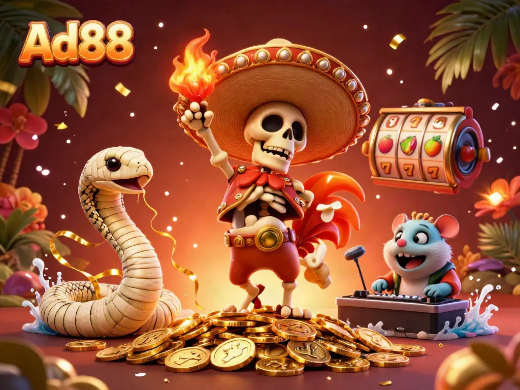 Ad88's vibrant 3D illustration showcasing a lively casino scene with character elements and dynamic slot game features