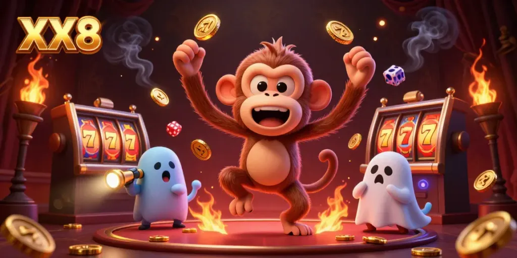 Engaging 3D illustration showcasing the playful poltergeist monkey juggling coins and cards in a vibrant haunted casino scene, symbolizing the XX8 experience.
