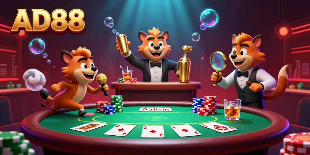 Join the laughter at AD88's comedy casino club with hyenas mixing drinks and telling jokes.