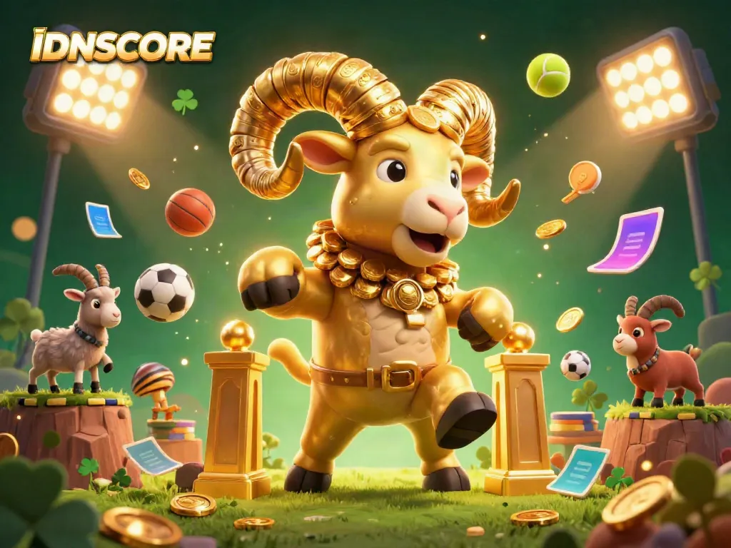 Experience IDNSCORE with a dynamic scene of a golden ram charging, surrounded by sport elements and sparkling accents.