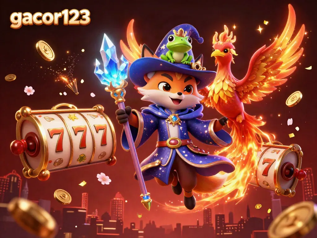 Experience the magic of gacor123 with a fox wizard and phoenix, surrounded by spinning slots and festive confetti.
