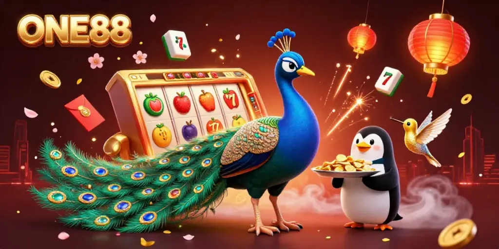 Engaging casino scene featuring ONE88's animated characters celebrating slot jackpots in vibrant style.