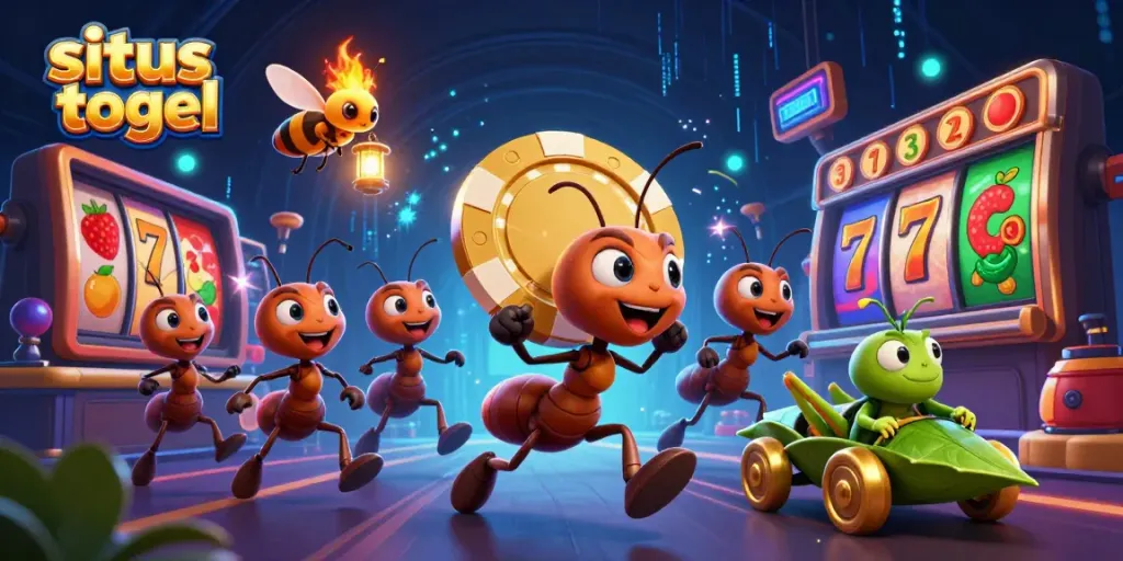 Engaging 3D scene depicting situs togel with ants on a heist carrying a giant poker chip along with casino elements.