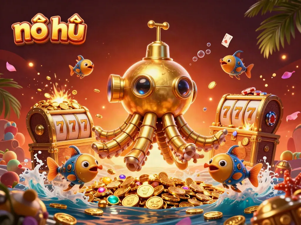 Spin the reels with nổ hũ as a golden kraken submarine rises amidst riches and treasures.