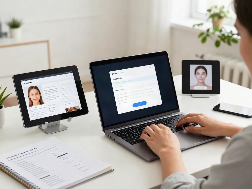 Engaged individual exploring alternatives to QOVES facial analysis services on a laptop.