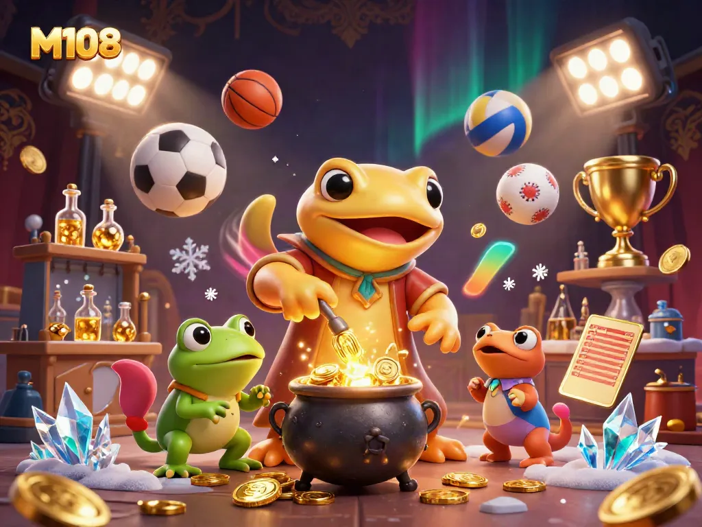 Experience M108's magical casino world with golden coins and captivating sports elements.