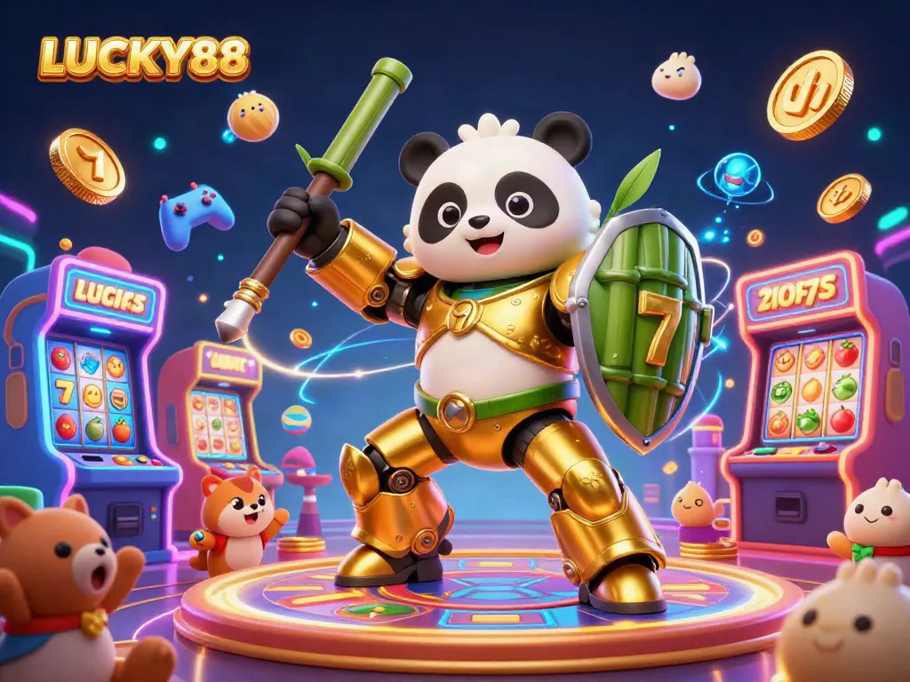 Experience LUCKY88 excitement with the golden panda in a dynamic casino setting featuring slot reels and neon lights.