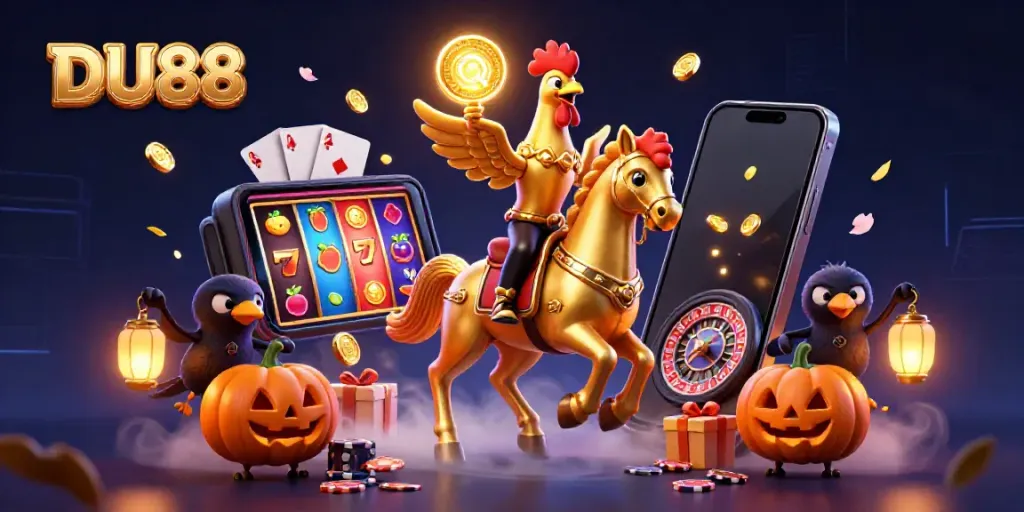 DU88 casino scene featuring a golden rooster with playing cards, slot games and golden coins.