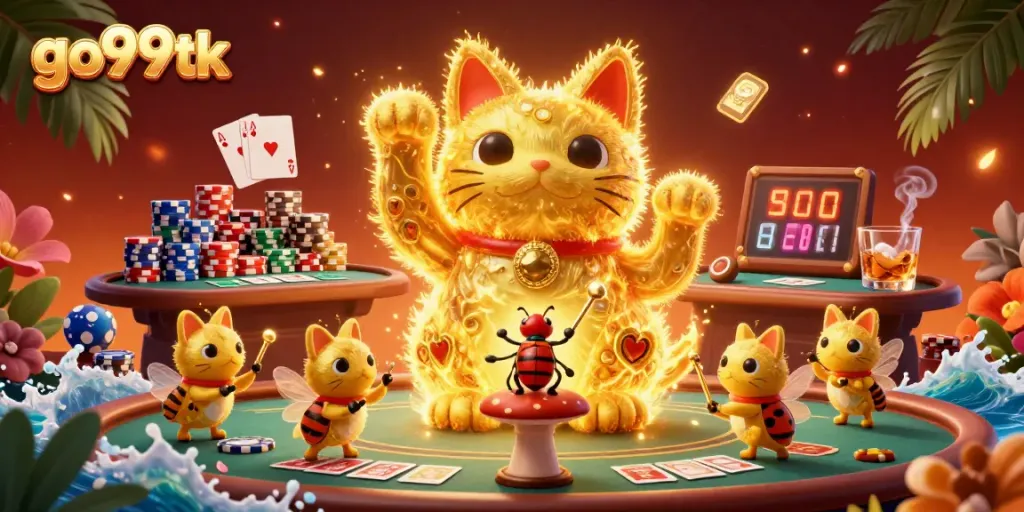 Experience the thrill of casino games with go99tk's dynamic lucky cat illustration, symbolizing gaming excitement.