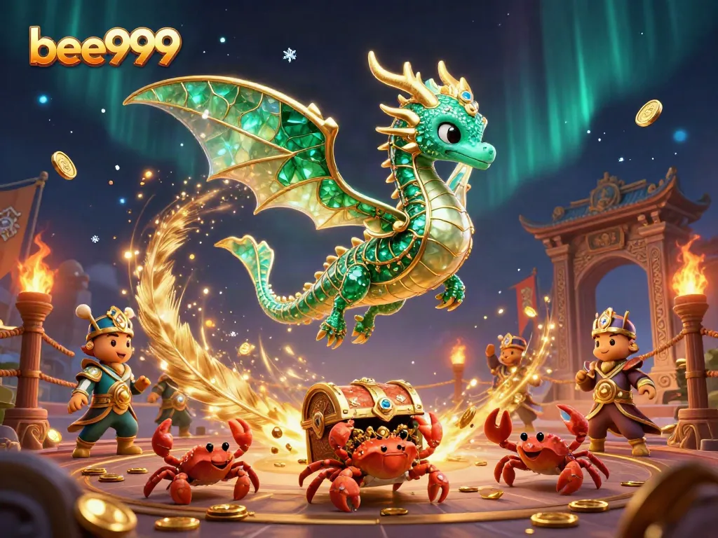 Engage with bee999's vibrant casino adventure featuring a sea dragon and treasure in a magical scene.